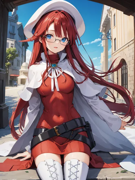 pov,(nsfw:1.2),summonnightaty, aty, (young:1.3),long hair, blue eyes, red hair, large_beret, hat, glasses,
BREAK long hair, thighhighs, hat, dress, boots, glasses, belt, cape, sweater, zettai ryouiki, beret, thigh boots, white footwear, ribbed sweater, loo...