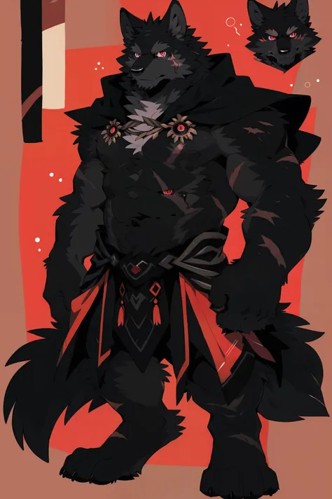 wolf face, solo, pure black hair, (all black fur:1.5), topless, (black cape), (perfect red eyes:1.4), （artist:takemoto arashi）, ...