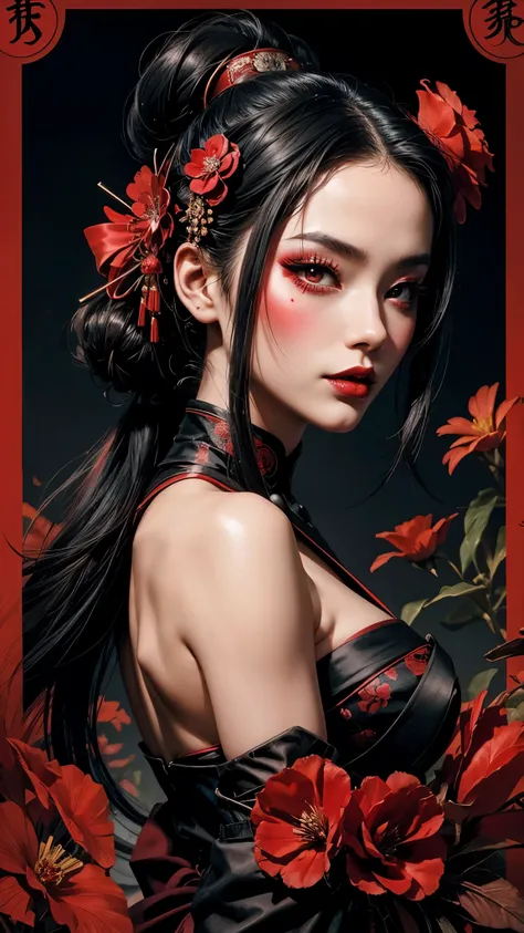 geisha cyberpunk looking over the shoulder,hair tied,red flower in hair,black hair,red lipstick,dark makeup,hand drawn,art nouveau,tarot card