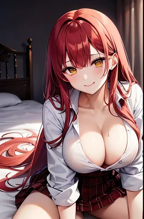 Red hair straight、Yellow Eyes,Unbuttoned shirt, On the bed、mini skirt、night,, Cleavage、Big Breasts, Smiled,Spread your legs、(highest quality, masterpiece),sexy, erotic, 18+, Browsing Caution,White mucus dripping from between her legs