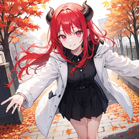 autumn fallen leaves on the ground at the university exit Satanichia Mcdowell magenta eyes red hair posing with a cute smile and dressed in light black clothes and white coat 