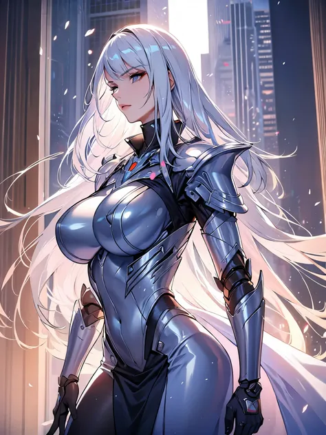 beautiful tall woman with robotic armor and super realistic white hair, cabelos longos e bem detalhado