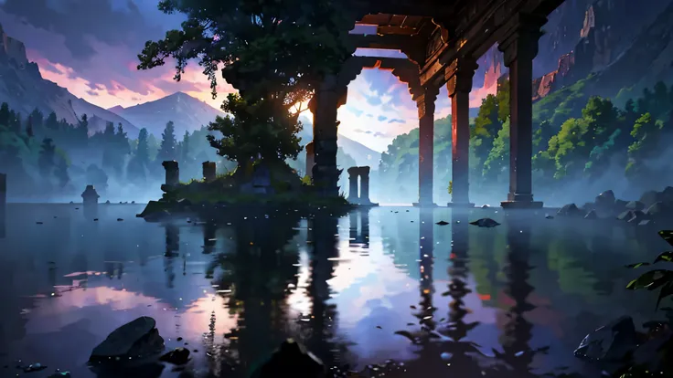 Twilights Reflection: In the heart of a secluded valley, a tranquil lake cradles the remnants of an ancient civilization. A temple, grand and solemn, sits atop the water, its stone pillars and arches reflecting perfectly in the still surface below. As dusk...