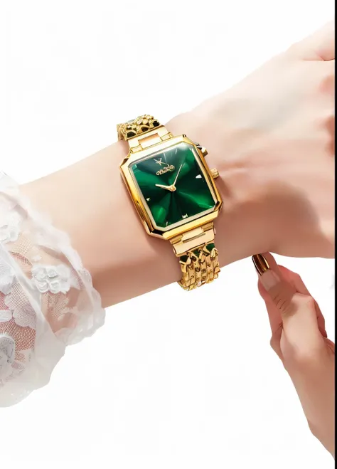 um close de uma pessoa using a watch de pulso dourado, holding gold watch, ouro e verde, gold watch, h 7 0 4, an elegant green, wear a watch, ouro verde, using a watch, Hera, glamour, h 576, elegante e gracioso, verde e dourado, wearing elaborate verde e d...