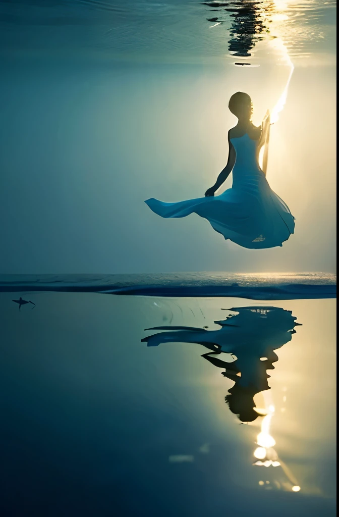 (nature),underwater,ethereal,subtle colors,soft light,submerged feeling,flowing fabric,dreamlike,weightless,serene,peaceful,tranquil,graceful movements,floating sensation,sublime beauty,gentle ripples,submerged plants,sunlight piercing through waters surfa...