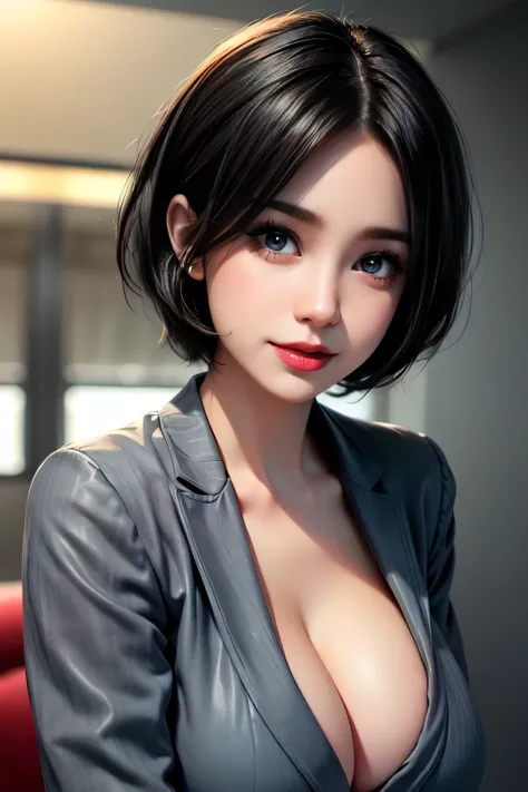 1girl,((35 year old mature woman)),(((taimanin suit))),((((1 girl))),(blue eyes)),(Very Intense Makeup)), smiling, ((red lipstick)),((woman in makeup)), short hair, black hair,((masive breasts,)),((cleavage,))),extremely realistic female eye,(((solamente))...