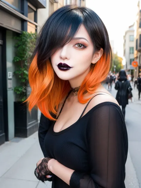 masterpiece, adult, street, woman with orange to black ombre hair, goth, black lipsticks