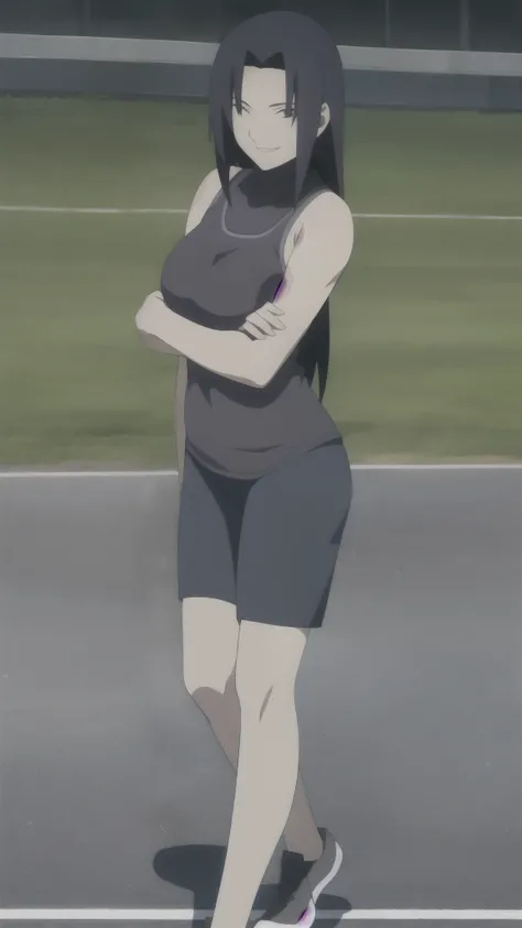 Mikoto Uchiha, beautiful woman runner, 22 years old, Get ready to run, Bend over to tie your shoelaces..........................., Long black hair, smile a little.................................., ((Wear a sleeveless sports hem........ ......................