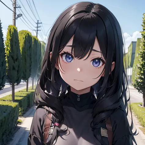 Dressed in all black mourning clothes、((Eyes are dark brown))A 20-year-old woman with long hair、Looking straight ahead with a sad face、The background is a row of poplar trees in Hokkaido、blue sky、Draw your eyes beautifully