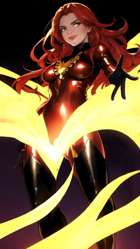 beautiful, (masterpiece:1.2), (best quality:1.2), perfect face, perfect lighting, pov, from below, 1girl, jean-grey, red bodysuit, evil smile, glowing eyes, glowing sclera, intimidating, foreshortening, depth, simple gradient background