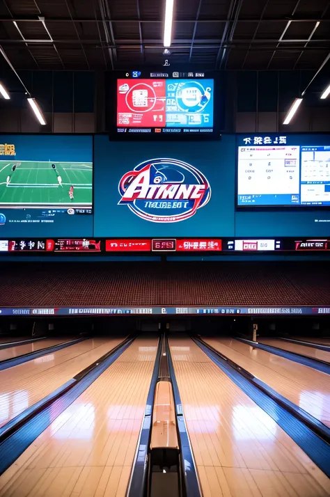 Future、A bowling alley that looks like a baseball dome stadium、50 narrow bowling lanes、Bowling Pins、Strike mark on the electronic scoreboard、In pop、bright、Resort、You can see the person pitching the ball