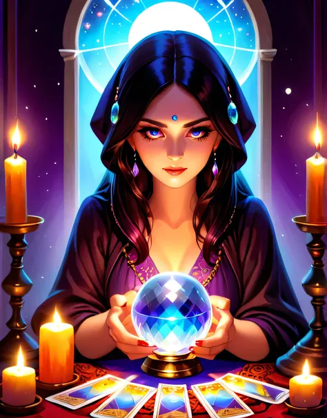 Image Type:Illustration Mysterious beautiful fortune teller doing tarot reading, Surrounded by flickering candles and a mysterious crystal ball, There&#39;s a black cat on my shoulder, A peek into the future with a mischievous smile.