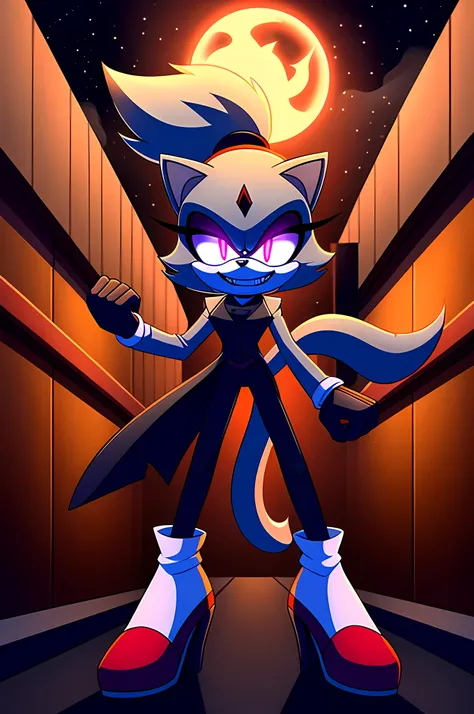 (((masterpiece))), High quality, studio quality, digital art, solo character, mobian, in the style of Sonic the Hedgehog, fluffy and wispy grey fur, female cat demon, intimidating height, tall character, very skinny legs, skinny body, ponytail that sticks ...