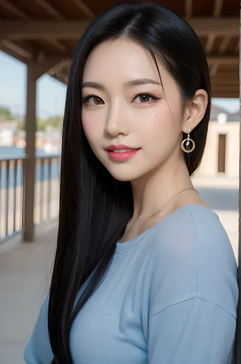 black hair, hair bobbles, longeyelashes, solid circle eyes, light smile, mole under eye, heart earrings, light smile, shy, puckered lips, Surrealism, drop shadow, stereogram, pov, atmospheric perspective, depth of field, first-person view, f/1.8, 8k, super...