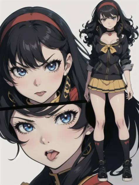 1girl, angry, curly hair, looking at viewer, (Persona:1.3), (amagi_yukiko), beautiful detailed eyes, tongue