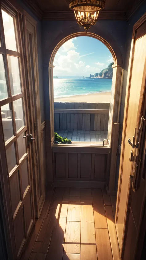 (best quality,hyper-detailed,Full-HD:1.2),beautiful animation of a seaside inn inside with sunlight streaming through 1 circle window, clear sky