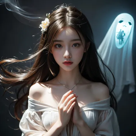 The concept of beauty、existence like air、ghostly ghost、Unforgettable beauty、Mysterious atmosphere、Dark and eerie、Ethereal glow、supernatural energy、A ray of smoke、Translucent figures、Spiritual Reality、Hauntingly beautiful、Ethereal Princess、Ghostly Aura、Ethe...