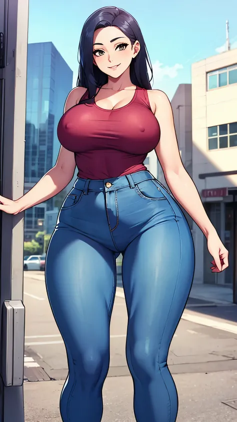 8K, high quality, animation, married woman, fair skin, beautiful, neat, bright, emphasis on eyes, beautiful line drawing. Black Hair, White Skin, Brown Eyes, Smiling, Blue Sky Background, (Thighs), 1girl, (Ass), (Wide Hips), Denim Pants, Big Tits, Long Hai...