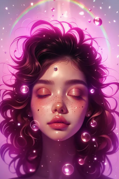 (This is a beautiful rainbow fantasy image that feels interesting and emphasizes glitter and iridescence.) Generate a ((blind)) curvy woman with colorful curly hair and milky white eyes. Her face is important and is perfectly formed with puffy lips and per...