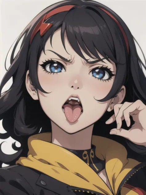 1girl, angry, curly hair, looking at viewer, (Persona:1.3), (amagi_yukiko), beautiful detailed eyes, tongue, very open BIGmouth