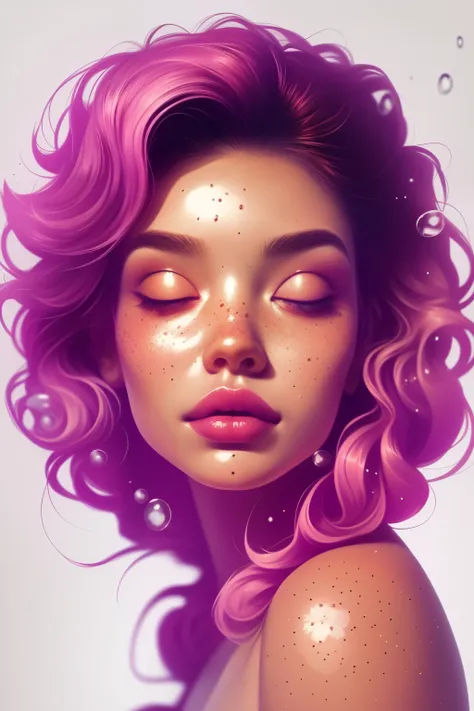 (This is a beautiful rainbow fantasy image that feels interesting and emphasizes glitter and iridescence.) Generate a ((blind)) curvy woman with colorful curly hair and milky white eyes. Her face is important and is perfectly formed with puffy lips and per...