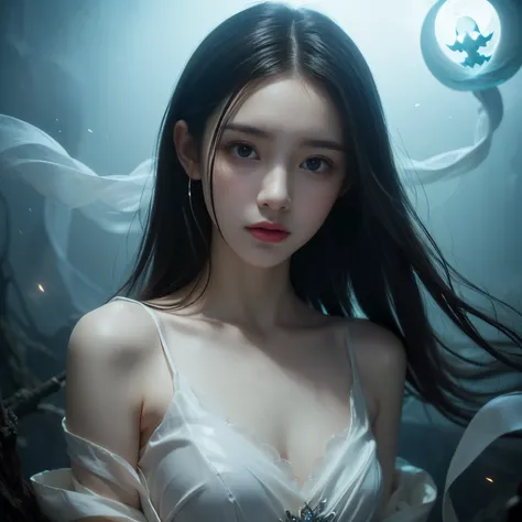 The concept of beauty、existence like air、ghostly ghost、Unforgettable beauty、Mysterious atmosphere、Dark and eerie、Ethereal glow、supernatural energy、A ray of smoke、Translucent figures、Spiritual Reality、Hauntingly beautiful、Ethereal Princess、Ghostly Aura、Ethe...
