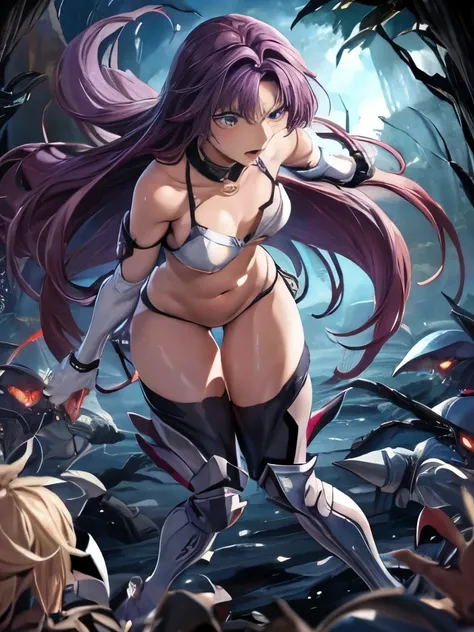 highest quality、Battle of Despair 1:8、Beautiful woman with very long purple hair、White light armor（Chest exposed、Off the shoulder、No sleeve、No elbow pads、Belly button、High leg、Exposed thighs）、White Armor Boots、Tears overflow、Frightened expression、scream、ru...