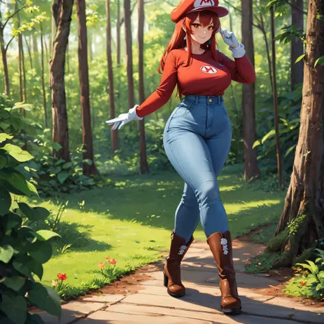 a woman wearing a red long-sleeved t-shirt, wearing a denim jumpsuit with long pants, brown boots, wearing a traditional mario h...