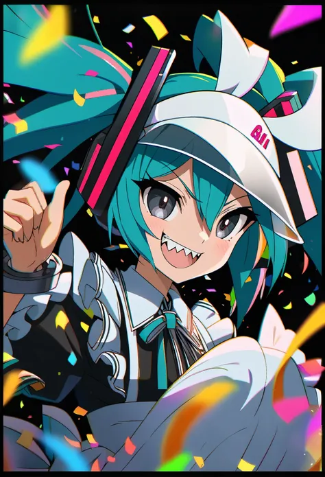 hasune_miku, smile, mouth opened, saw teeth, sharp teeth, tang out, no highlight eyes, black eyes, wearing a visor, vertical white border pattern blue maid clothes, cuffs only on wrists, colorful confetti, black background, anime style, ultra detailed, 8k