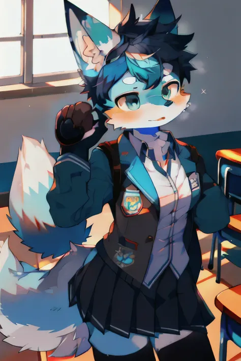 Blue fur, canine, fox motif, girl, uniform, school