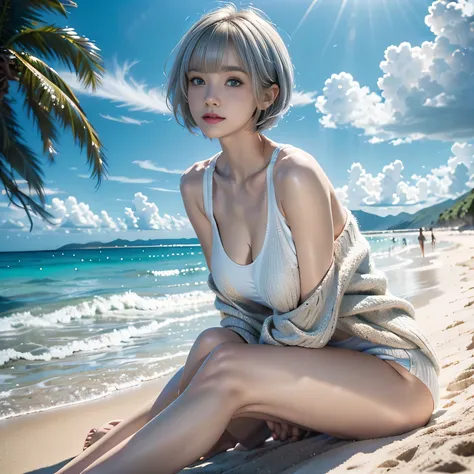 full body,low angle,from below,(arms down),(White elegant summer knit cardigan,one piece swimsuit),((1girl,cute,young,pixie cut beautiful silver blonde hair,blunt bangs,beautiful eyes)),(solo),((masterpiece, highest resolution,best quality)), ((realistic:1...