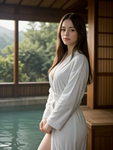 (Best quality, photorealistic, reality, realistic detail), random angle shot, sharp focus, A beautiful young girl who looking alike Kaya Scodelario, wearing bathrobe, delicate face, light smile, (at onsen), standing, inside of resort, steam, nature theme d...