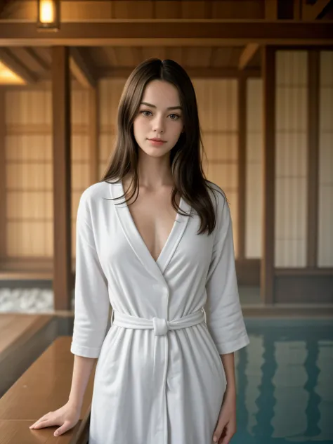 (Best quality, photorealistic, reality, realistic detail), random angle shot, sharp focus, A beautiful young girl who looking alike Kaya Scodelario, wearing bathrobe, delicate face, light smile, (at onsen), standing, inside of resort, steam, nature theme d...