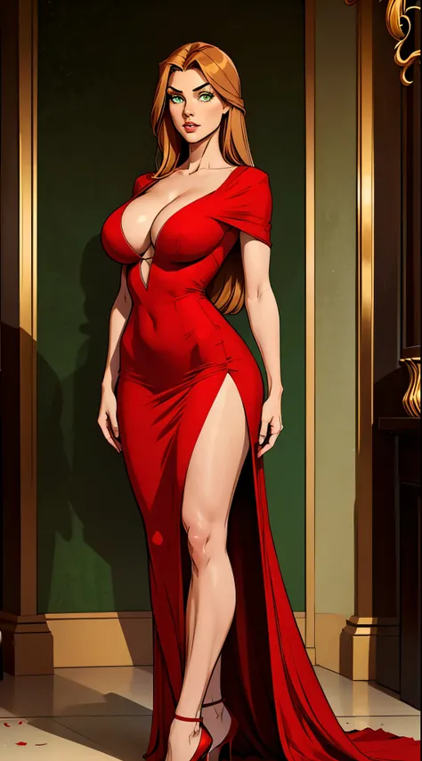 high stature, long hair light chestnut tone, big and almond eyes, intense green eyes, slender and elegant figure, wear a elegant red dress, busty, booty. Comic style. Full body