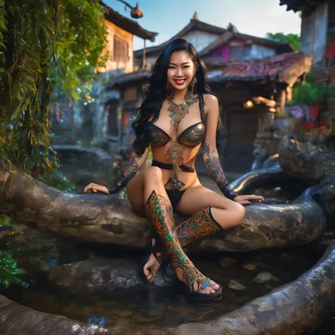 a witchy asian spirit, malaysian woman, age 25, ankle length hair, extensive tattoos ( dragon motif), evil body jewelry, unclad ...