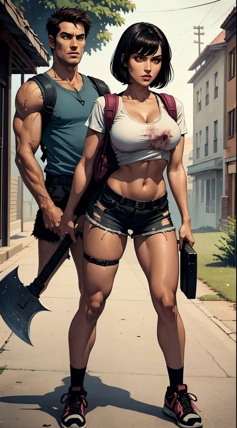 short black hair, with slightly messy bangs.  Dark, penetrating brown eyes.  Thin and marked build.  She wears torn black shorts, blue tennis shoes, and a pink navel blouse with straps. He has an axe in his right hand and a backpack on his back. Busty. Zom...