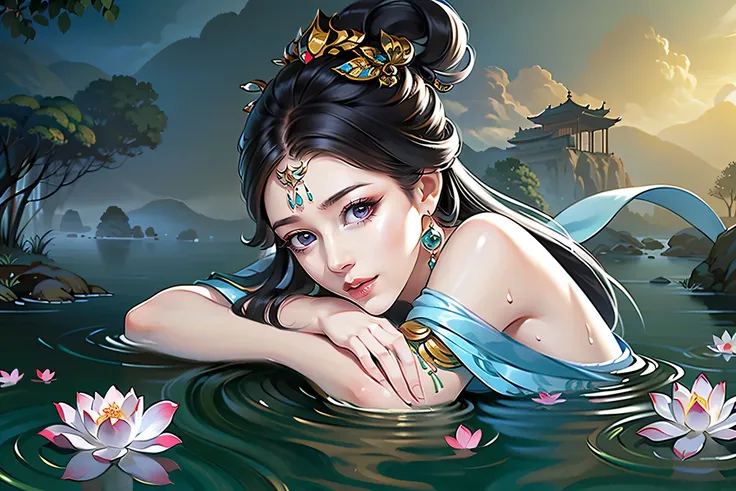 （masterpiece，Super detailed，High-resolution details，Highly detailed art）1 girl lying in the water，foggy，Close-up with fog，Solitary，long hair，Smile，Hot spring water，water vapor，Bare shoulders, petal，Shimizu，Hanfu，ripples in the water，Highly detailed charact...