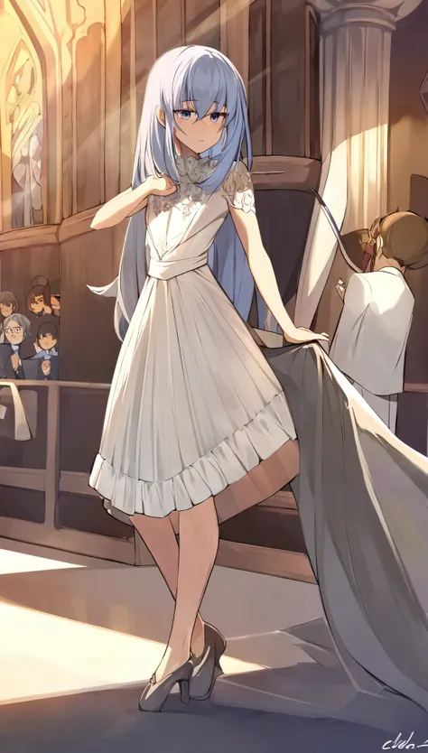 1 chica, alone, pelo largo blanco, parada, (iglesia), Giro de vuelta, ojos celestes brillantes, vestido largo blanco, Edad victoriana, ropa victoriana, velo largo negro tapando mitad de su cabeza, Puesta de sol de manga larga, luz desde al frente, sombras ...