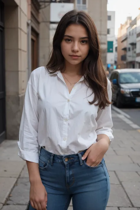 a 14 year old Peruvian brunette girl wearing a stylish blouse with blue flared jeans