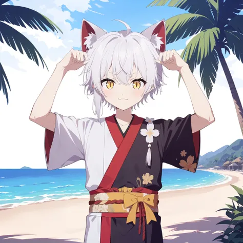 cat_boy,1boy,split color kimono,[(white kimono:1)|(black kimono:1.2)|(red lapel:0.7)],animal ears,white hair, short hair with si...