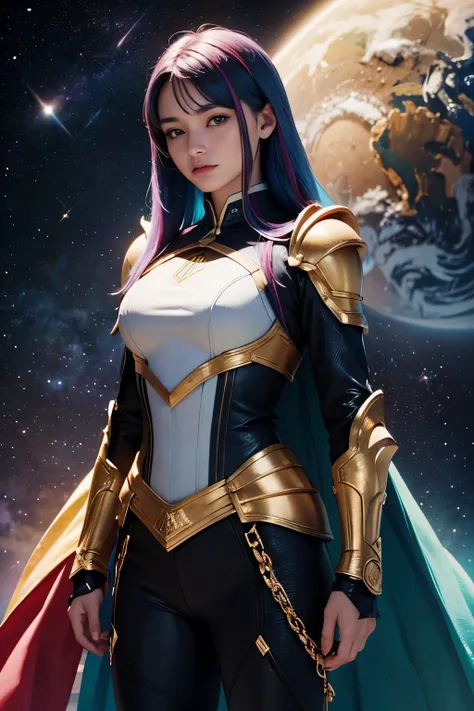 women with rainbow colored hair and teal detailed armor, standing, rainbow colorful cosmic nebula background, estrelas, galaxies...