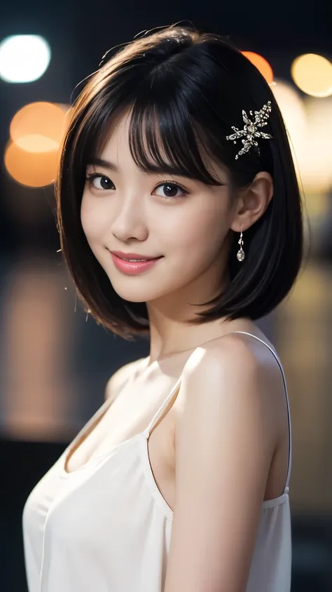 最high quality, table top, High resolution,18 years old wearing white camisole, 1 girl,very beautiful face,（Ultra-high definition image of an extremely beautiful face）（White camisole）hair ornaments,, gem diamond,realistic, New York night view、blur the backg...