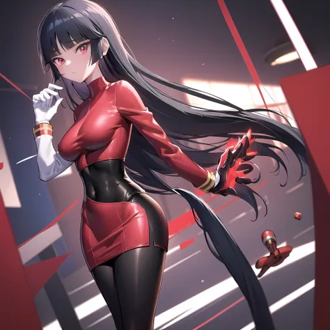 masterpiece, best quality, frlgsabrina, blunt bangs, very long hair, black hair, black bodysuit, red crop top, red sleeves, red ...