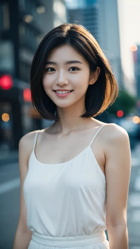 最high quality, table top, High resolution,24 years old wearing white camisole, 1 girl,very beautiful face,(Ultra-high definition image of an extremely beautiful face)(black camisole)hair ornaments,, gem diamond,realistic, New York night view、blur the backg...