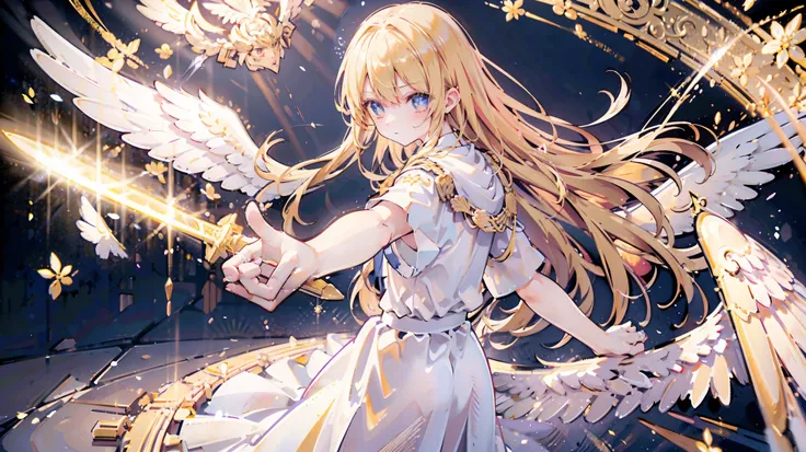 Landing on the ground, golden hair, very long hair, large wings, Valkyrie, angelic ring, sacred, holding a sacred sword in his left hand, divine clothing, watching from a distance, dagger floating, a ray of light