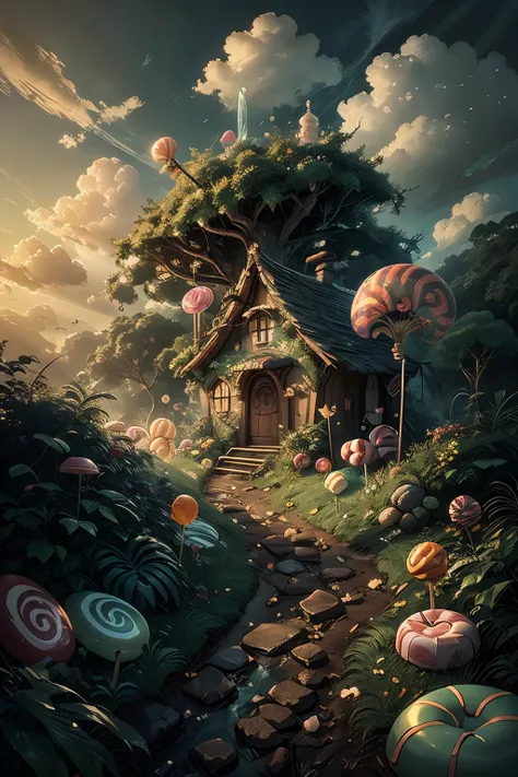 candyhouse,sunshine,(morning_light:1.4),cloudy,lolipop,green_grass,blue sky,marshmallow_snow,(colorful_candys:1.3),
rforest,rain...