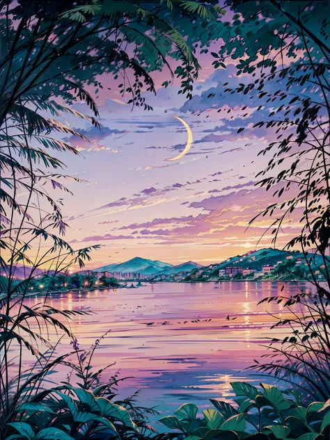 a painting of a crescent over a body of water, dream scenery art, melancholy pastel art, purple sunset, vaporwave sunset, serene colors, at purple sunset, atmospheric dreamscape painting, pastel sunset, pink sunset, sunset background, vibrant gouache paint...