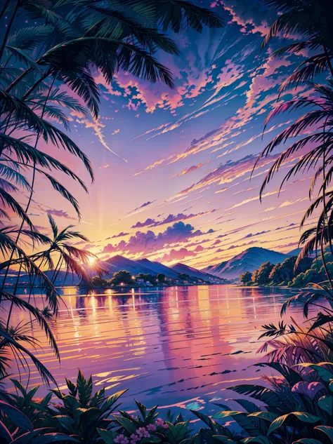 a painting of a crescent over a body of water, dream scenery art, melancholy pastel art, purple sunset, vaporwave sunset, serene colors, at purple sunset, atmospheric dreamscape painting, pastel sunset, pink sunset, sunset background, vibrant gouache paint...