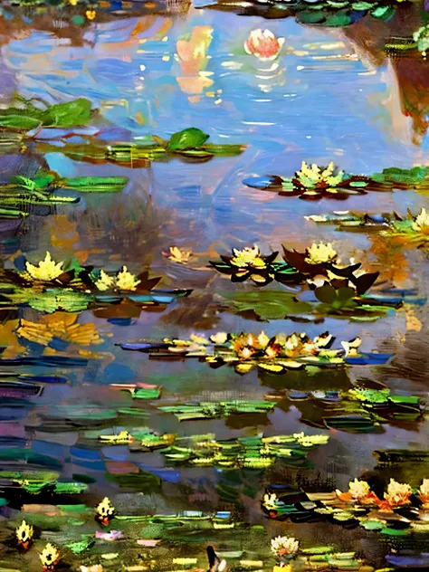 Water lily flower floating on water, Lots of lotus flowers, evening, The sunset reflects on the water, Colorful lotus flowers, Claude Monet style, oil,
