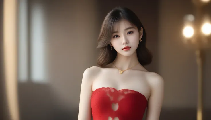 8k, Ultra-high resolution, highest quality, masterpiece, Surreal, photograph, 1 girl, (16 years old:1.3), pretty girl, Cute Face, Beautiful eyes in every detail, 細かくdetailedに,masterpiece,A woman in a red dress and gold jewelry is looking to the side,Sexy p...